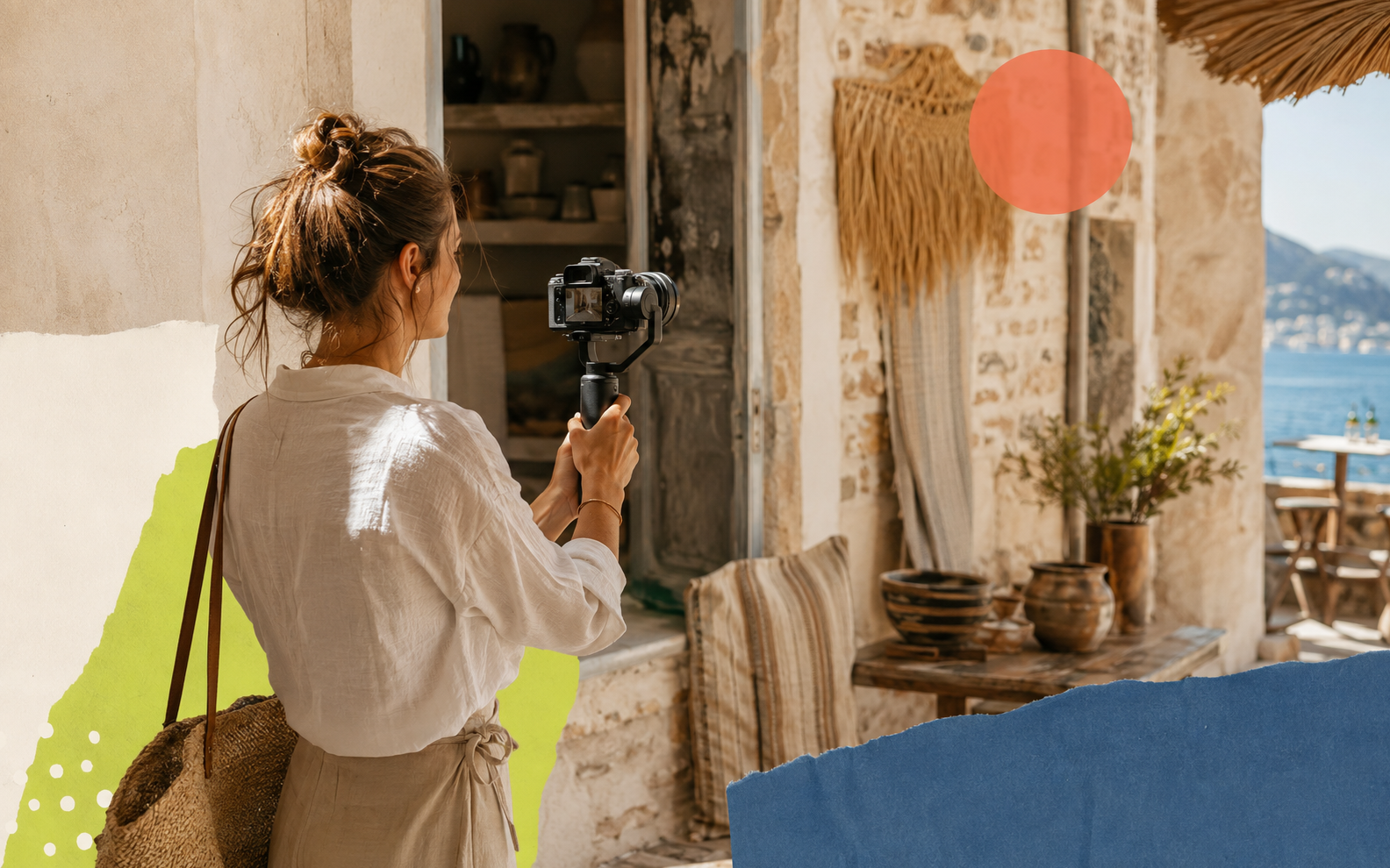 A content creator filming a small business in warm Mediterranean light